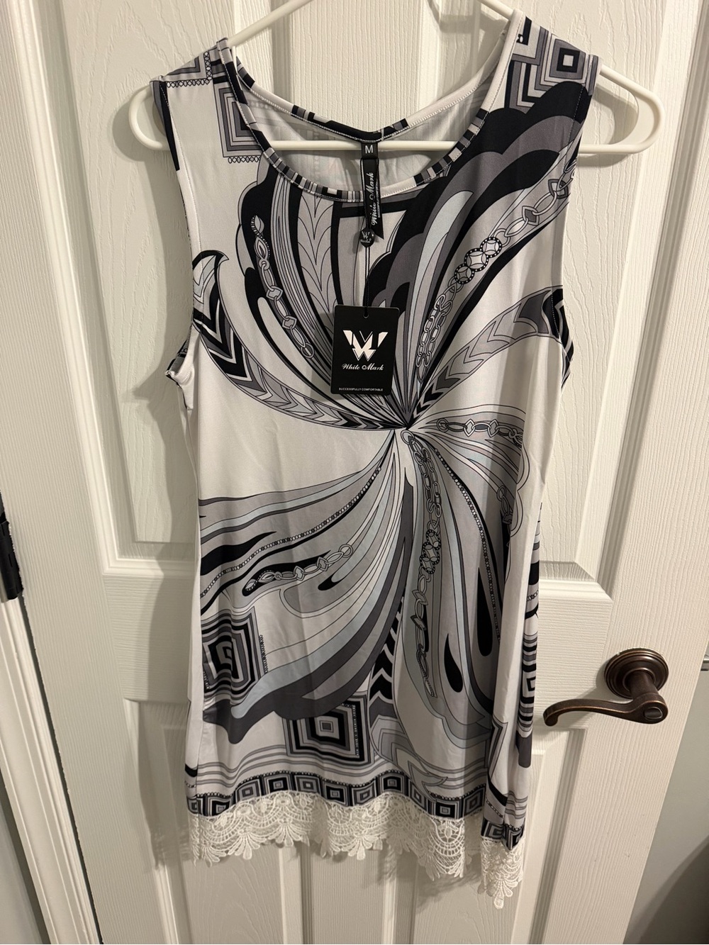 White Mark Black & Gray Swirl Lace-Hem Tank Top